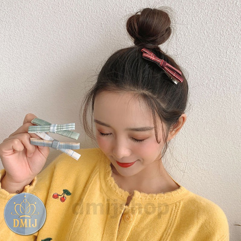 Kẹp Tóc Chữ X Họa Tiết Caro Vintage Hàn Quốc Nhiều Màu Mới