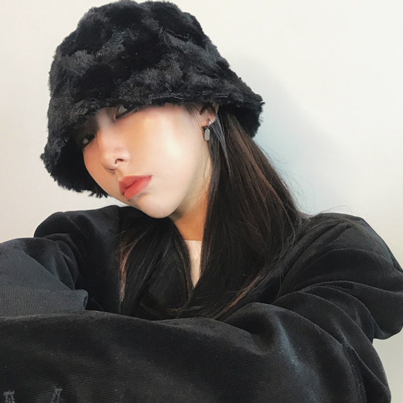 Mũ bucket lông giả dày dặn mềm mại giữ ấm kích cỡ 56-58cm