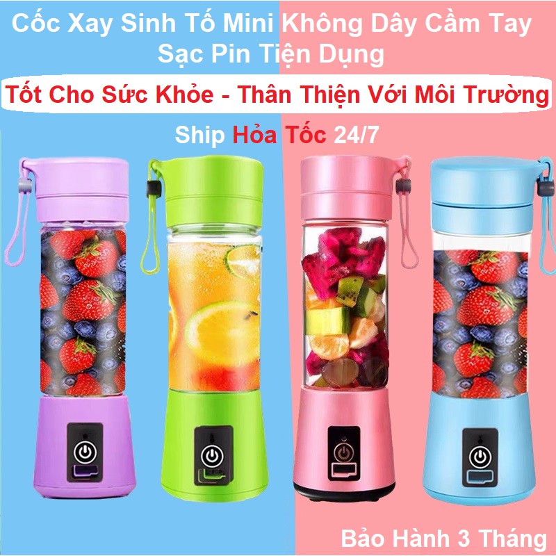 Máy xay sinh tố cầm tay mini, Cốc Xay Đựng Nước Ép Hoa Quả, Bảo Hành 3 Tháng, Cốc Thủy Tinh, Dao 4 Lưỡi, Sạc Pin