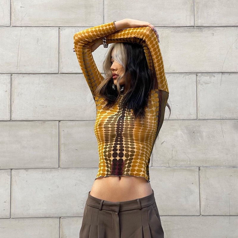 DUNEA Áo thun tay dài họa tiết chấm bi quyến rũ cho nữ