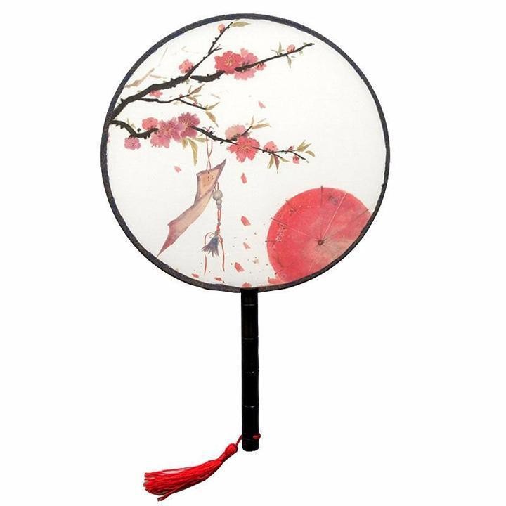 Quạt tròn cổ trang dây tuyến cán đen mẫu đơn trúc xinh ô hồng đàn cầm in trang trí đẹp