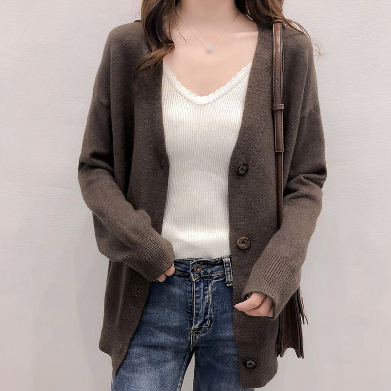 Áo cardigan dệt kim cổ chữ V tay dài màu trơn thời trang thu đông Hàn Quốc xinh xắn cho nữ