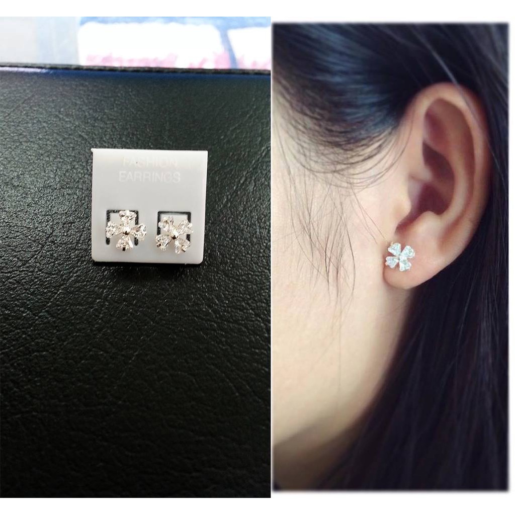 1 đôi nụ tai bạc cho nữ hình cỏ 3 lá, 4 lá may mắn