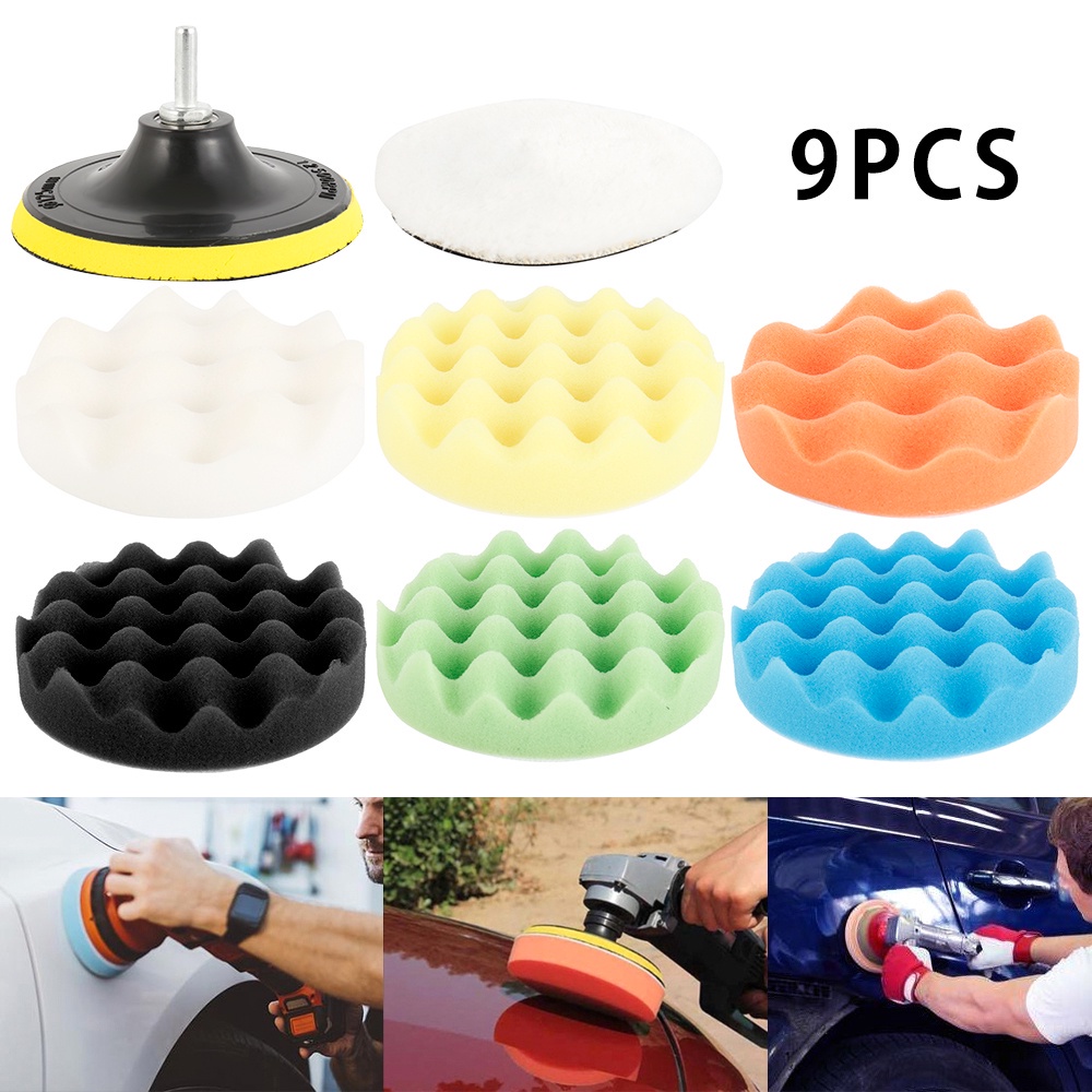 [1 Bộ 9 món ]5 inch Bộ phớt sáp đánh bóng gắn máy khoan điện xe máy ô tô - Miếng mút đánh bóng xe-【SK-QC-QJS04-1】
