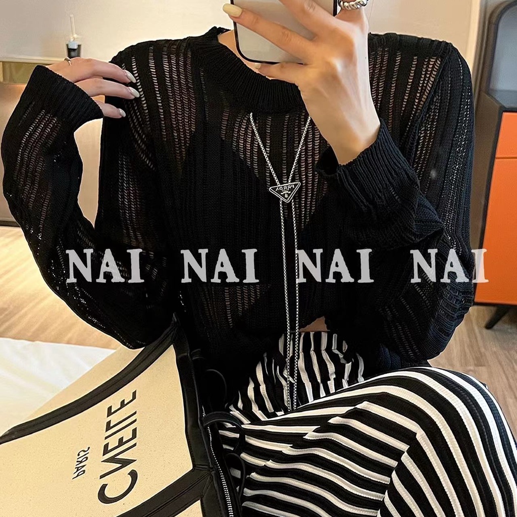 Áo dệt kim mỏng SUXI tay dài dáng rộng họa tiết kẻ sọc thời trang mùa hè xinh xắn cho nữ