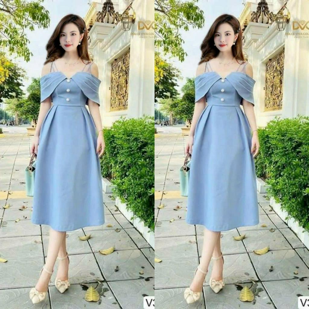 Đầm váy nữ 2 dây trễn vai phối lưới kim sa đính nút trẻ trung dáng xòe thanh lịch quý phái xinh xắn dự tiệc