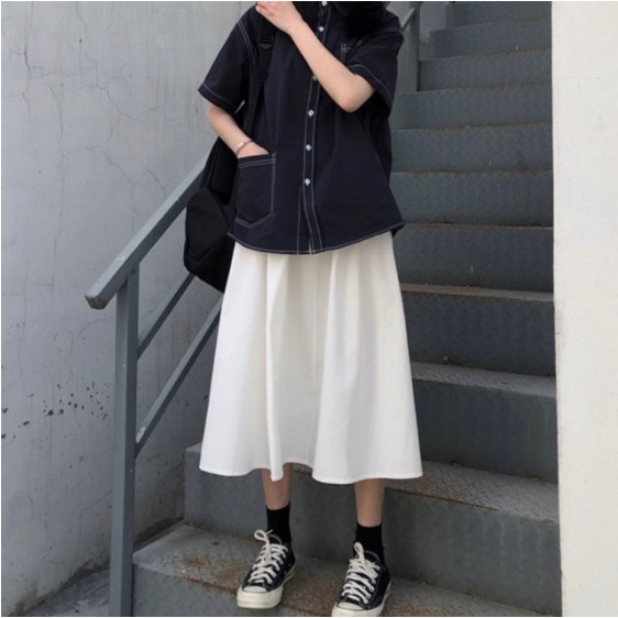Chân váy dài dáng xòe ulzzang, chân váy đũi cạp chun phong cách Hàn Quốc | BigBuy360 - bigbuy360.vn