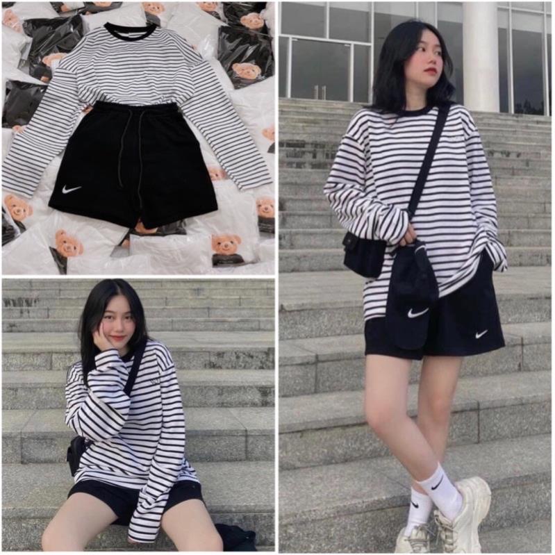 Set Bộ Áo Thụng kẻ Dài Tay Bồng Nữ 🌸 Bộ Thể Thao Quần Short Kèm Áo Thun Form Rộng Trendy Cá Tính Ulzzang 🌸