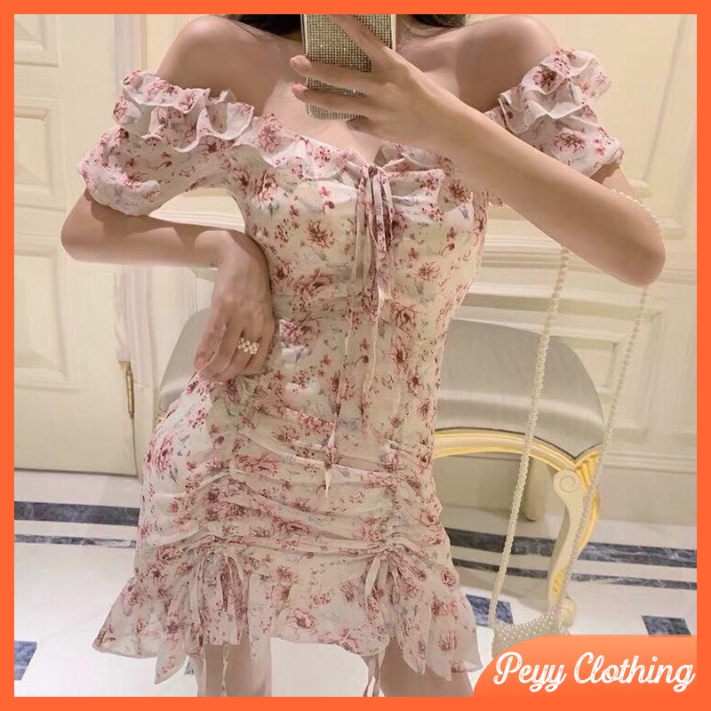 Đầm trễ vai body dáng xòe rút dây phong cách ulzzang Hàn Quốc V89 - Peyy Clothing