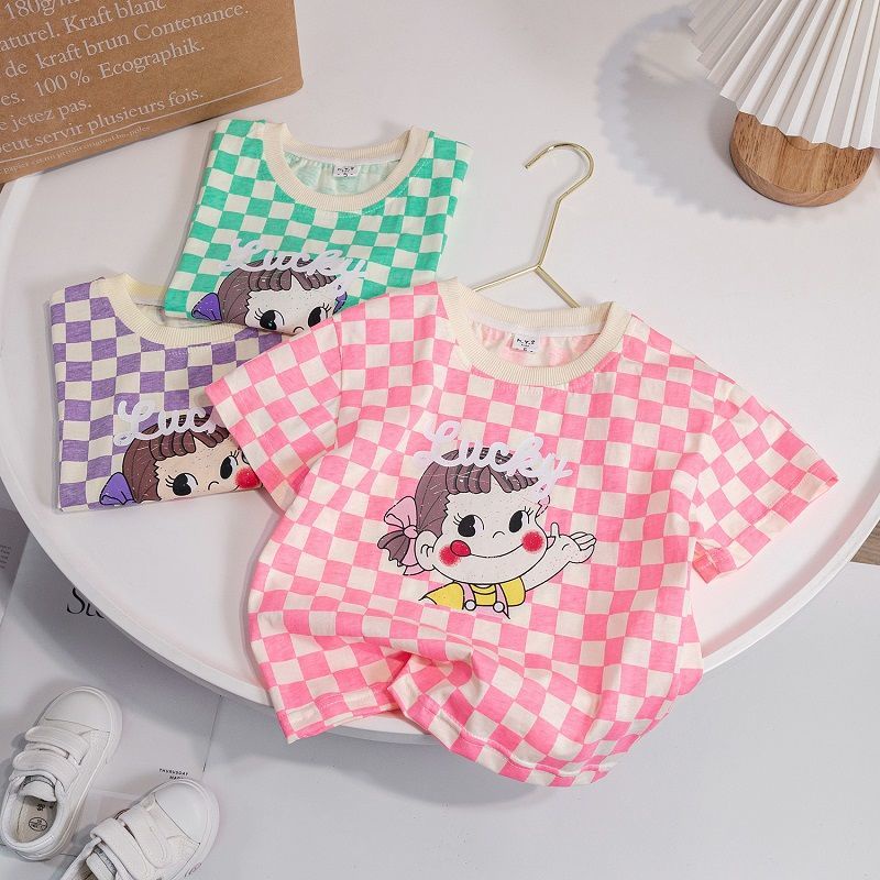 Áo Thun Tay Ngắn Cổ Tròn Hoạ Tiết Hoạt Hình Phong Cách Hàn Quốc