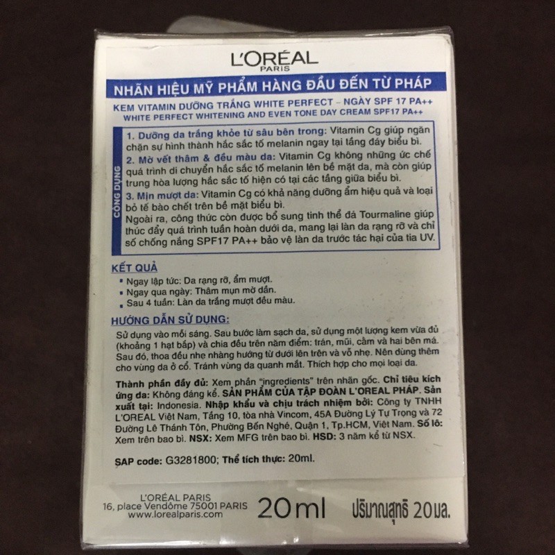 Kem dưỡng trắng và chống lão hoá Loreal 20ml ( L’Oreal Paris White Perfect / Revitalift )