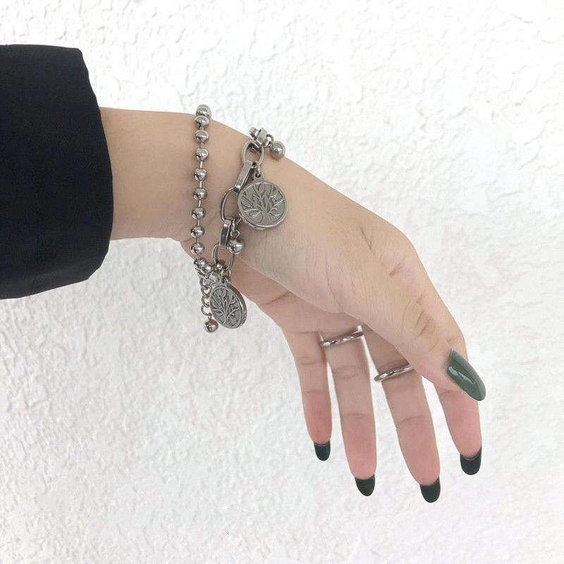 Korea ins Harajuku style net celebrity Double-layer Tree of Life Pendant Hip Hop Hundred Matching Ornaments Bracelet Cool Men and Women Trend