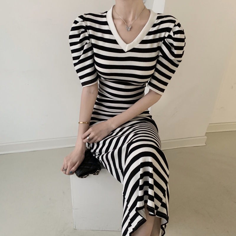 Đầm tay phồng họa tiết kẻ sọc phong cách retro Pháp thời trang mùa hè thanh lịch cho nữ