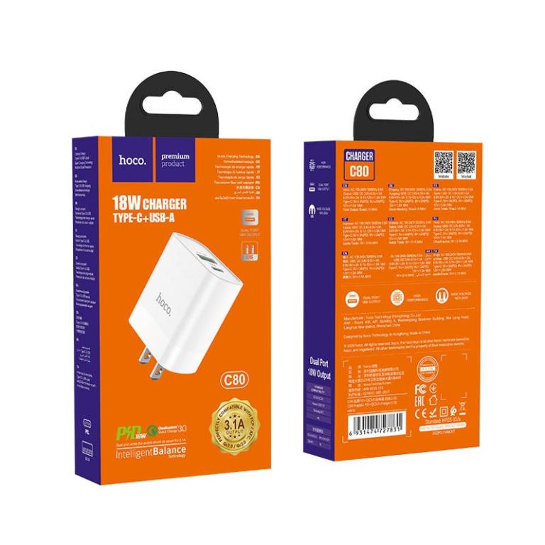 Cốc sạc nhanh 20W Hoco C80 QC 3.0 2 cổng usb và type c