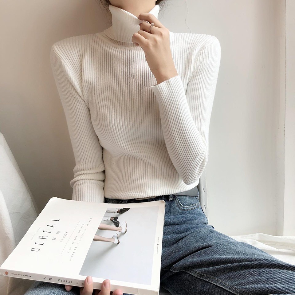 Áo thun nữ cổ lọ len tăm tay dài, Áo thun cổ lọ tay dài ôm body SUNA FASHION