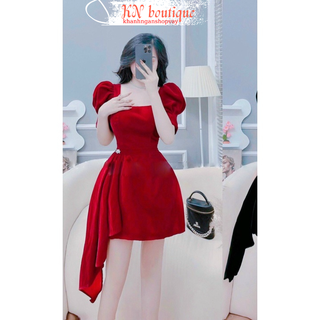 Đầm đỏ tiểu thư mặc noel tết xinh váy nhung đỏ cổ vuông dự tiệc sang chảnh K N Boutique