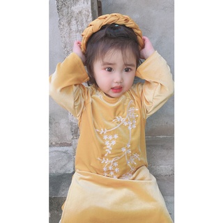 SET ÁO DÀI BÉ GÁI NHUNG THÊU HOA TRẮNG KÈM MẤN BINSHOUSE