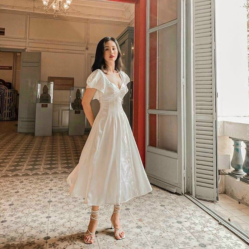 Đầm đỏ midi cổ v tay phồng,váy nữ form xoè ôm eo siêu xinh đi tiệc đi làm đều được