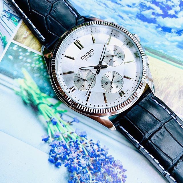 Đồng hồ Nam Casio MTP-1375L, đồng hồ chính hãng, dây da đen mặt thể thao chạy 6 kim