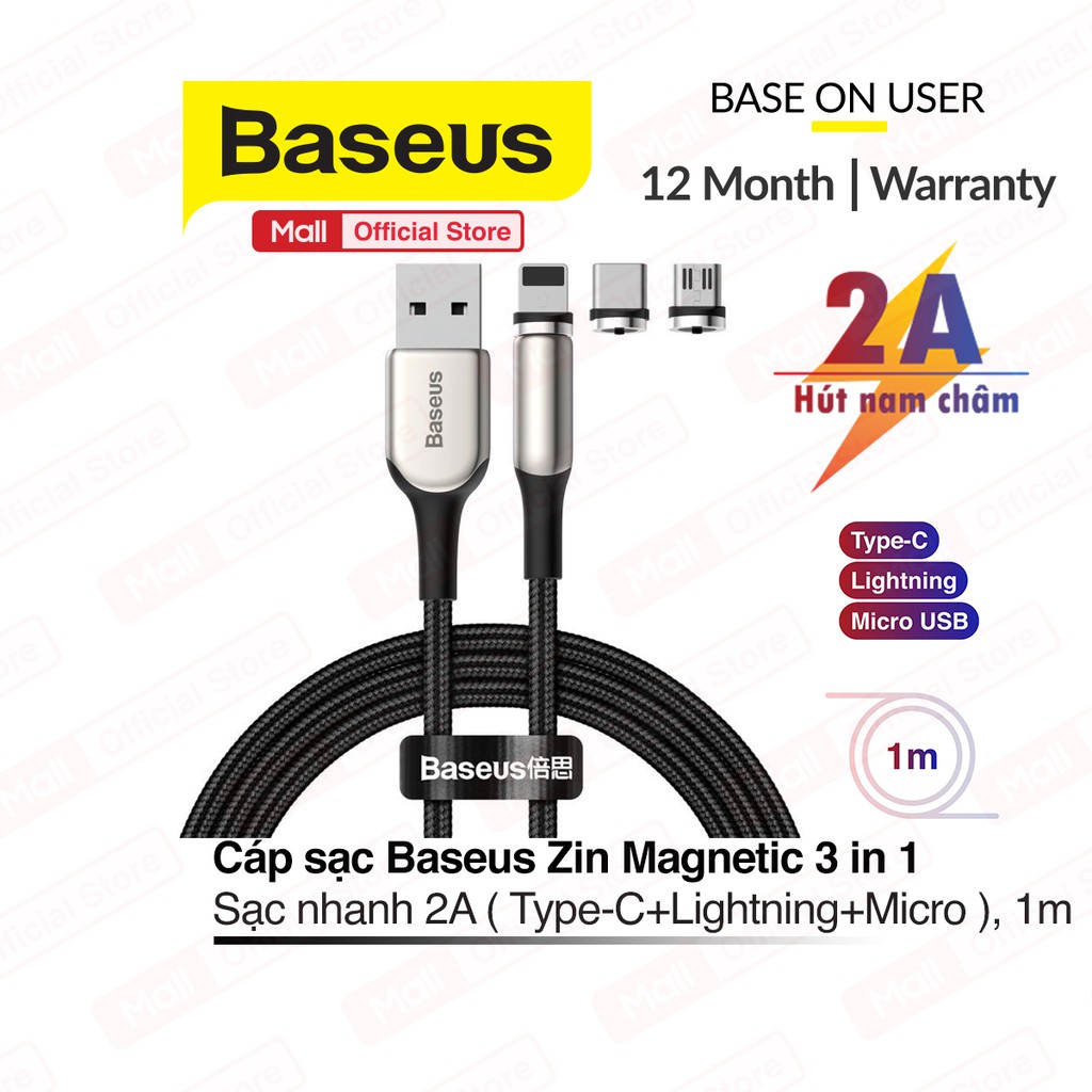 Cáp sạc hút nam châm Baseus Zinc Magnetic cable kit 3 in 1 ( Type-C+Micro+Lightning ) sạc nhanh 2A/1.5A dài 1m/2m