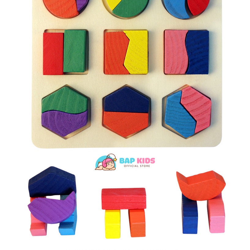 Combo 3 bảng ghép hình học, Giáo cụ montessori Đồ chơi xếp hình bằng gỗ cho bé Bapkids