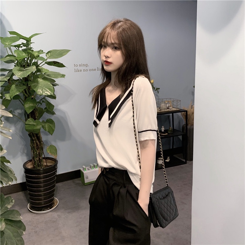 Áo dệt kim ZHELIHANGFEI tay ngắn cổ búp bê màu tương phản phong cách phương Tây thời trang mùa hè 2022 cho nữ