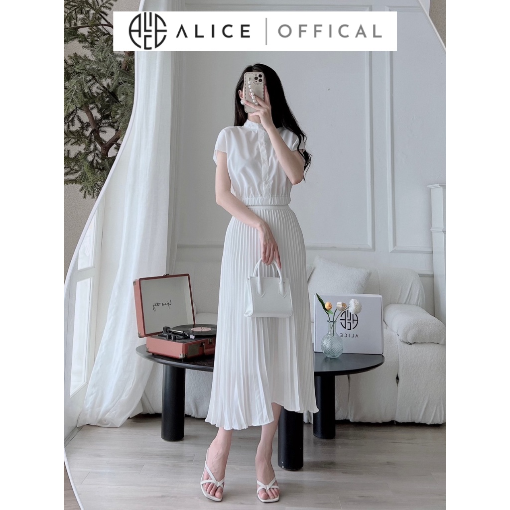 Set Áo Sơ Mi Trắng Phối Chân Váy Xếp Ly Cổng Sở ALICE Thiết Kế Áo 2 Kiểu Cổ Sang Trọng V851