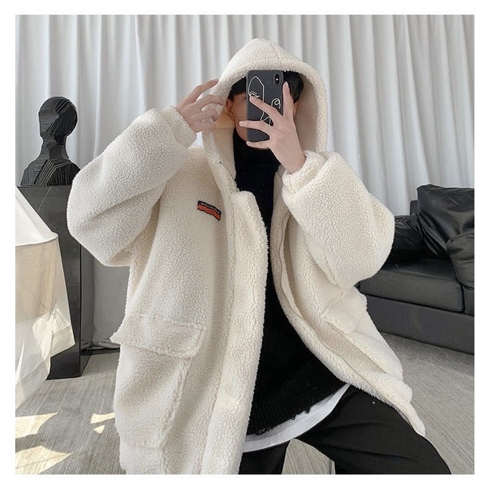 Áo Khoác Lông Cừu Unisex Mũ 2 Lớp Form Rộng Chất Dày,Áo Khoác Jacket Túi Hộp Oversize Nam Nữ Phong Cách Hàn Quốc