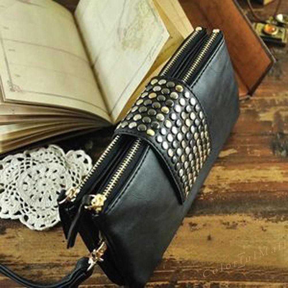 Women PU Leather Black Rivet Handbag Clutch Bag Zipper Long Wallet