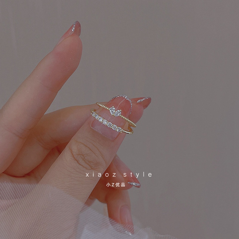 Set 2 Nhẫn Đính Đá Zircon Hình Trái Tim Có Thể Điều Chỉnh Phong Cách Hàn Quốc