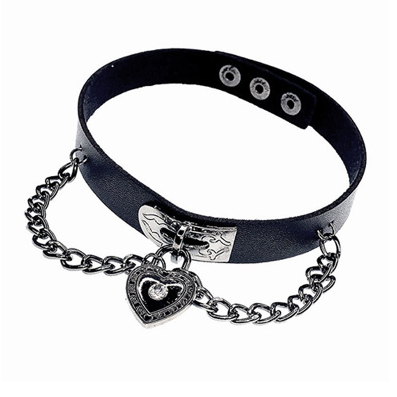 Vòng cổ da phối mặt hình trái tim và dây xích phong cách punk cá tính