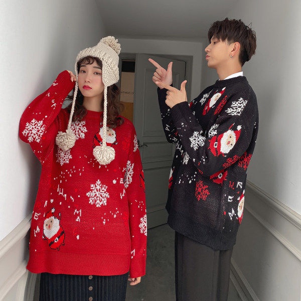 Áo sweater Dệt Kim Dày Dáng Rộng In Họa Tiết Ông Già Noel Thời Trang Thu Đông 2021 Cho Cặp Đôi