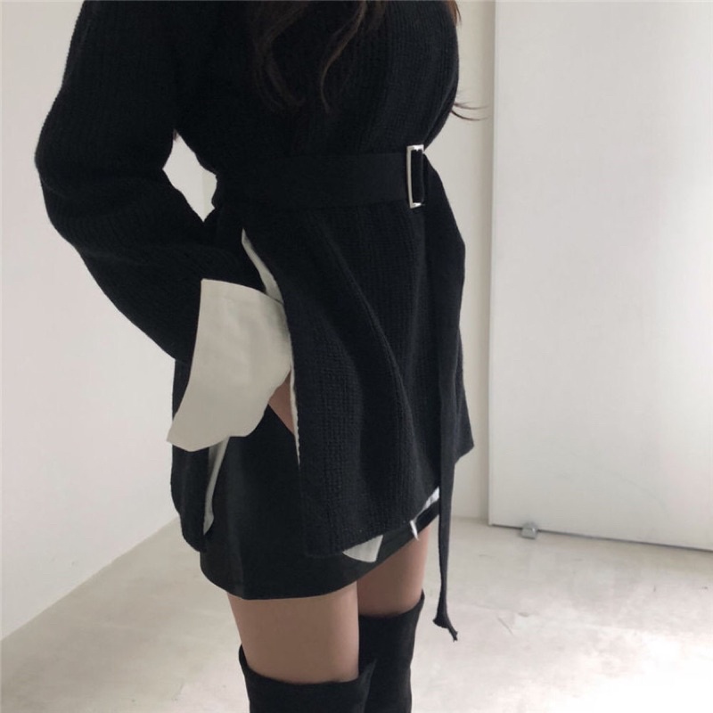 ÁO LEN TRƠN CỔ LỌ TAY BỒNG XẺ VẠT BÊN KÈM BELT