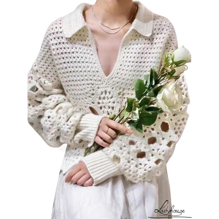 Áo Sweater Dệt Kim Dáng Rộng Màu Trơn Khoét Rỗng Trang Trí Mùa Xuân Cho Nữ