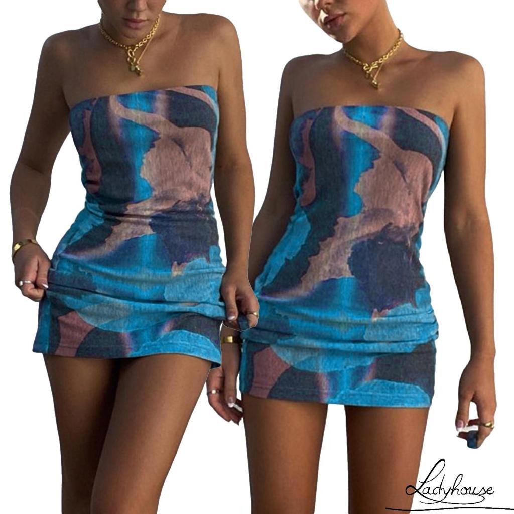 LDD-Women´s Bodycon Mini Dress, Fashion Sleeveless Strapless Abstract Print Tube Dress