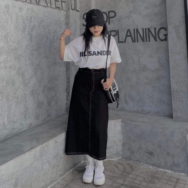 Chân váy Jeans Kaki Midi Dáng Dài Chỉ Nổi Ulzzang V04