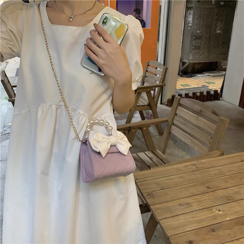 TÚI MINI ĐÍNH CƯỜM TRẮNG KÈM NƠ XINH TONE MÀU PASTEL