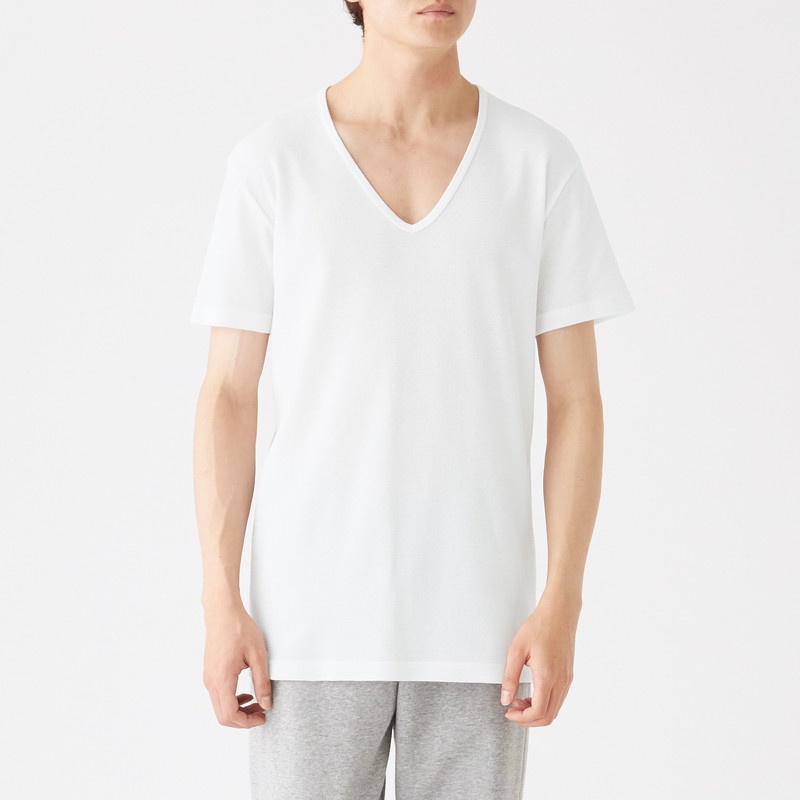 Muji Áo Thun Cổ V Cotton Thoáng Khí