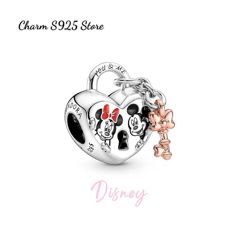 CHARM PAN ALE Ổ KHOÁ IN HOẠ TIẾT MICKEY VÀ CHÌA KHOÁ BẠC S925 HÀNG CAO CẤP