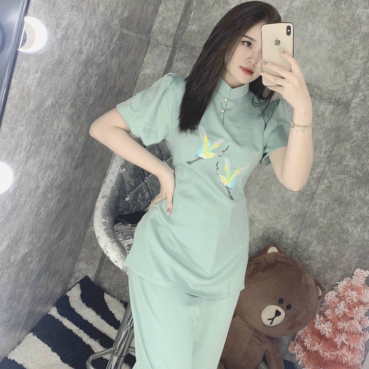 Quần Áo nữ Phật Tử, đồ lam Đi Chùa mẫu LỤA HẠT mã A52A