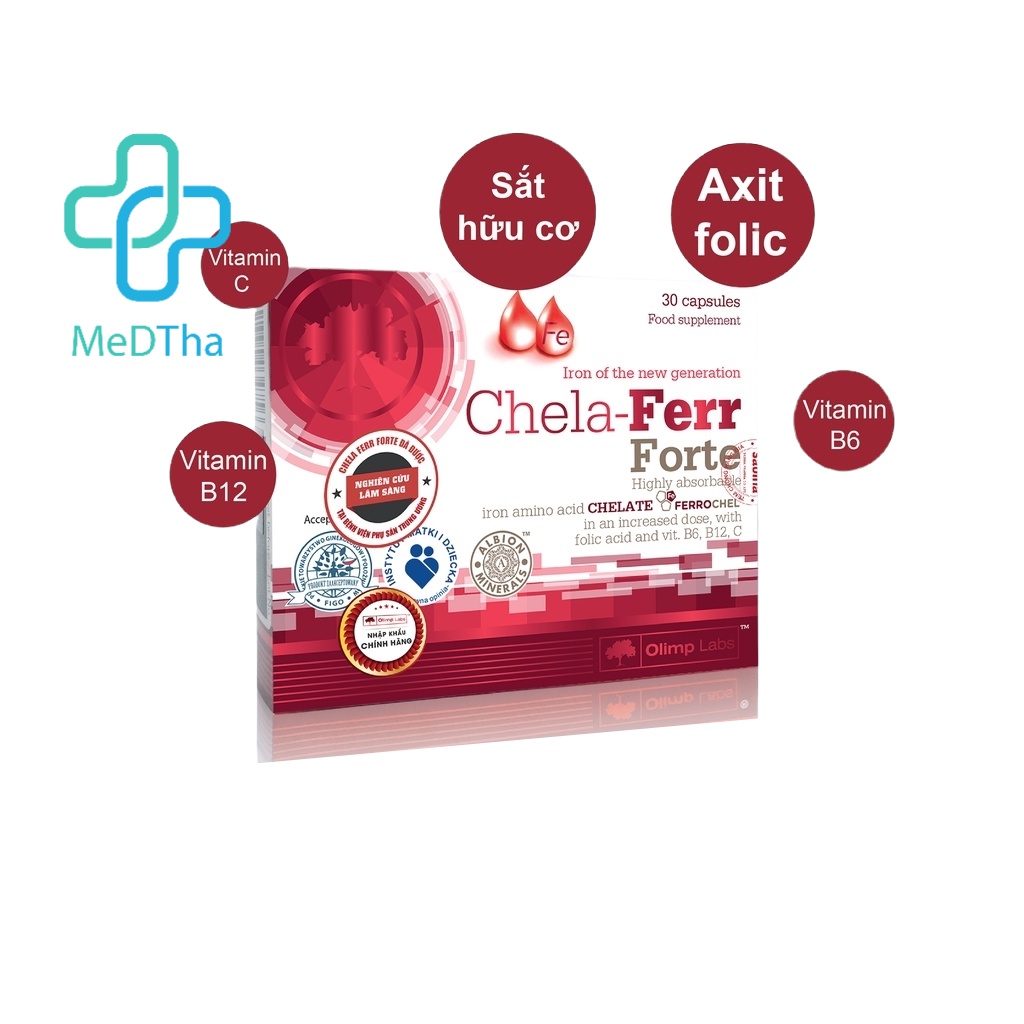 Chela-Ferr Forte - Sắt Cho Bà Bầu, Acid folic, Vitamin B, Vitamin C, Thiếu Máu (Hộp 30 Viên) [Chính Hãng Ba Lan]