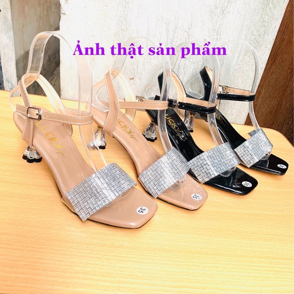 Sandal gót ly quai ngang phối kim tuyến, cao 5cm-A132