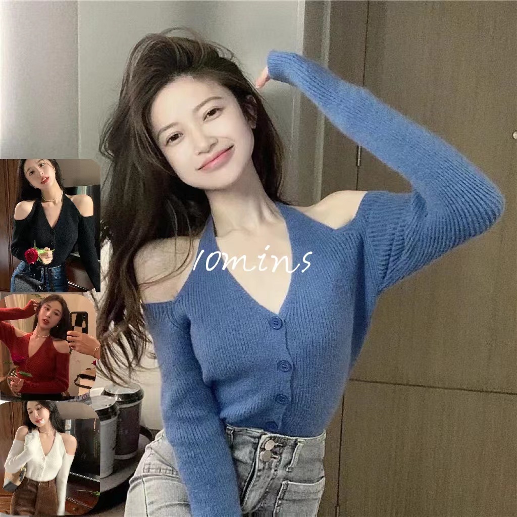 Áo cardigan dệt kim cổ chữ V trễ vai cho nữ