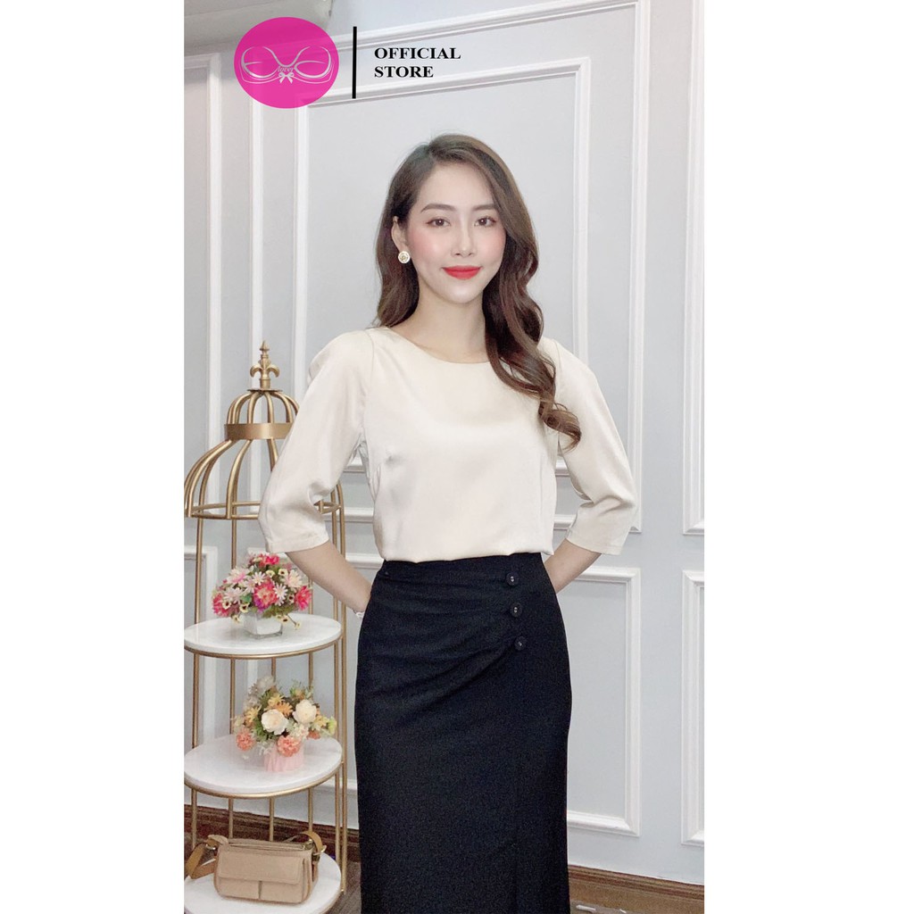 Áo sơ mi nữ tay lỡ lụa trơn kiểu cổ tròn Evalover