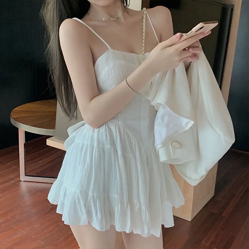 Váy đầm hai dây trắng trơn dáng ngắn xoè sexy quyến rũ kèm ảnh thật SẴN