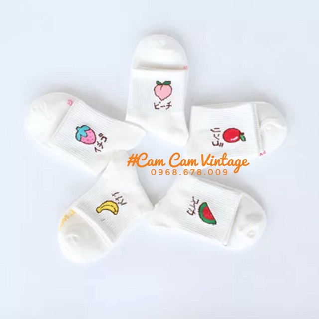 Tất vớ trắng thêu Hoa quả Style Hàn Quốc tất chuối, tất dưa hấu . Dâu tây