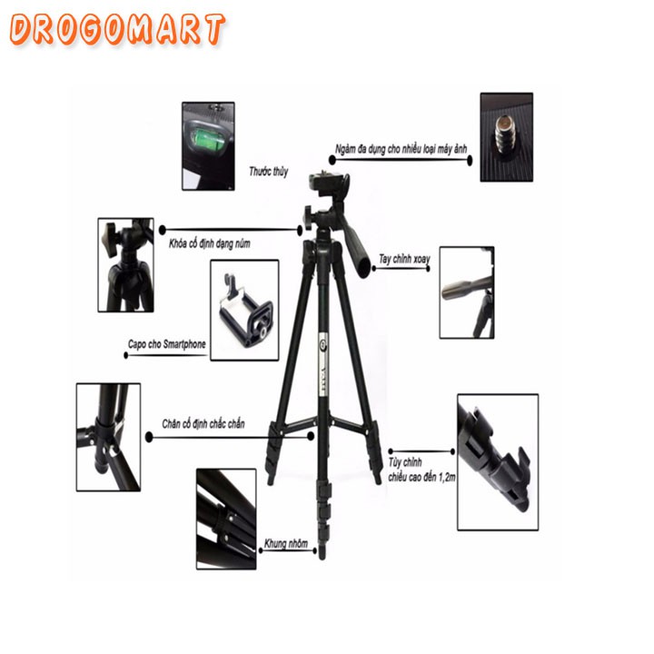 ( FREESHIP 99K ) Chân máy ảnh Tripod 3120 tặng kẹp điện thoại + điều khiển chụp ảnh từ xa Bảo Hành 6 tháng