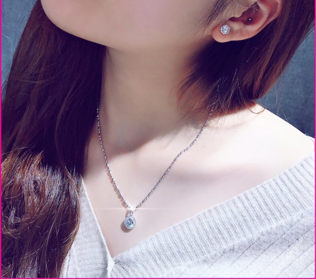 Dây chuyền kèm khuyên tai đá viền bạc thật