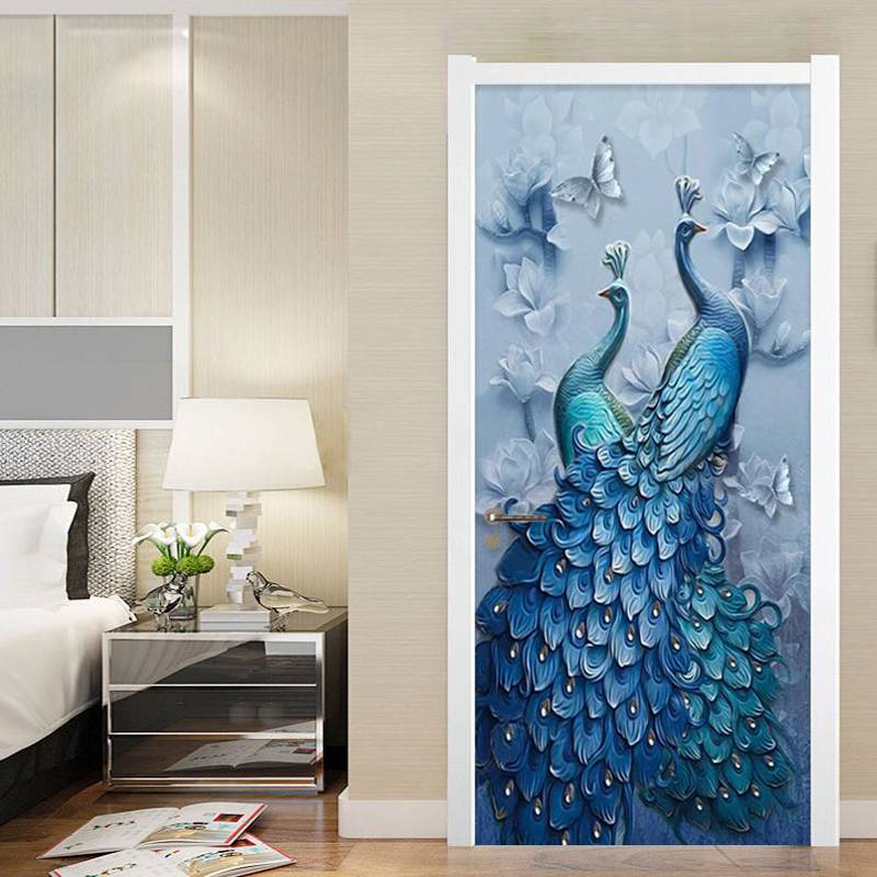 Giấy dán tường bằng PVC họa tiết tranh sơn dầu hình chim công 3D phong cách châu Âu trang trí nhà cửa
