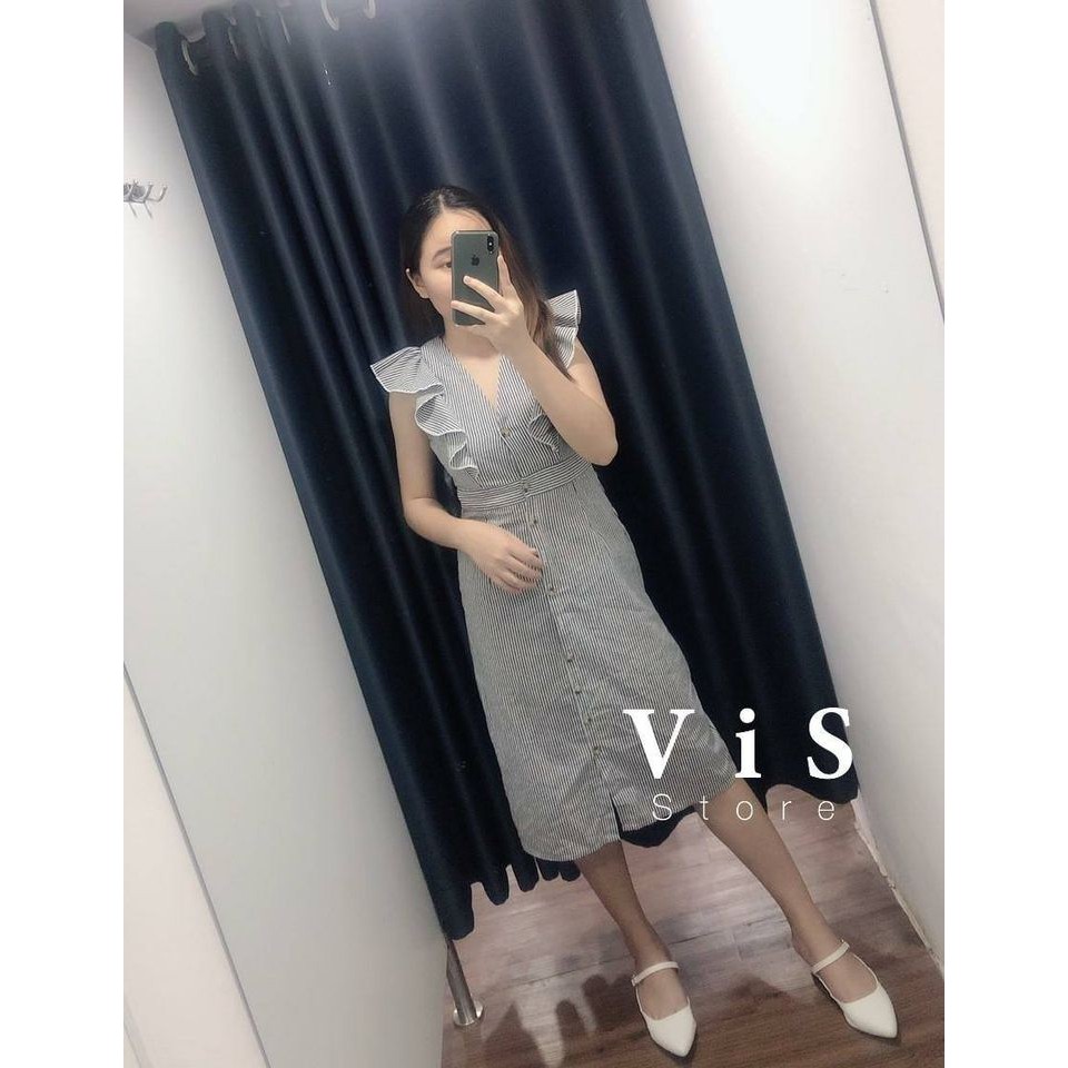 ĐẦM NỮ SỌC TRẮNG ĐEN DÁNG MIDI